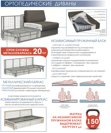 Ортопедический Диван Орландо/Разные Цвета Ш-1860 х Г-1060 х В-930 мм